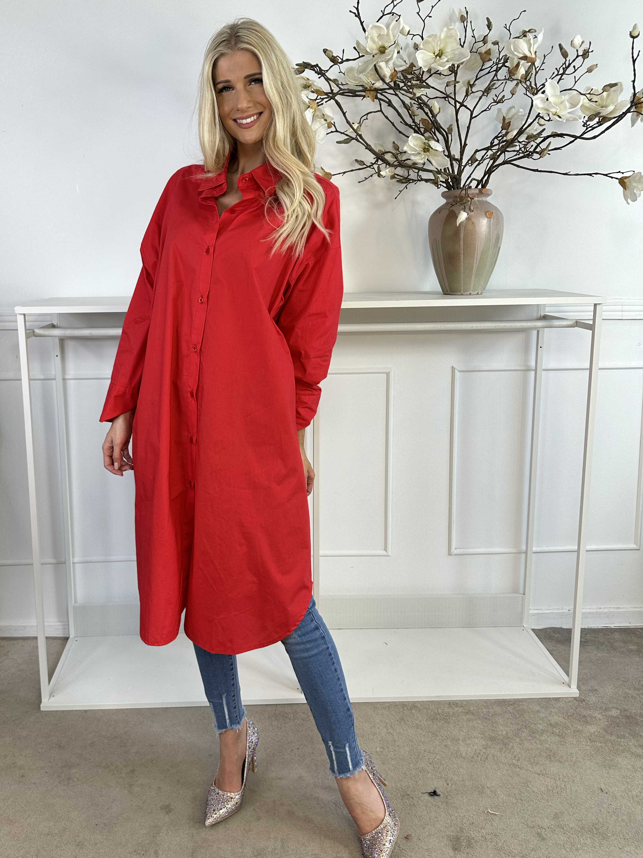 Ceylan - Lang plain skjortekjole i bomuld